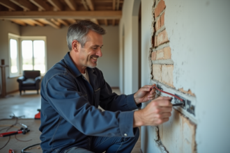 Électricien en overalls vérifiant câbles dans un salon rénové