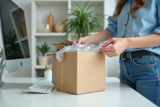 Femme emballant un colis dans un bureau organisé