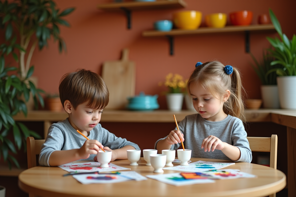 Deux enfants peignant des œufs dans la cuisine chaleureuse