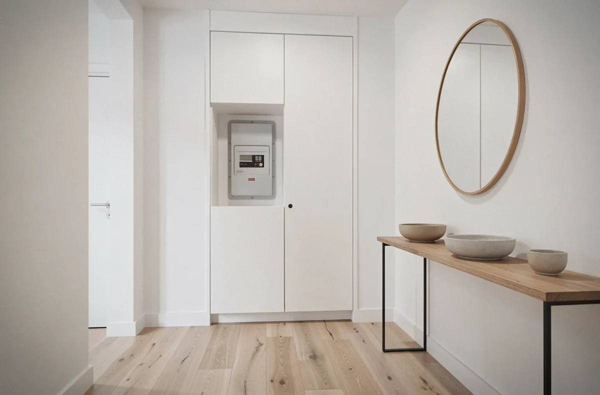 Ensemble de l'entrée scandinave avec meuble cache compteur électrique intégré, miroir rond et parquet en frêne clair