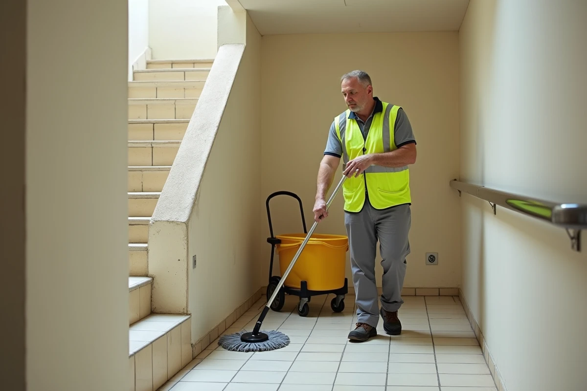 Agent d'entretien nettoyant le palier d'une cage d'escaliers d'immeuble de logements sociaux