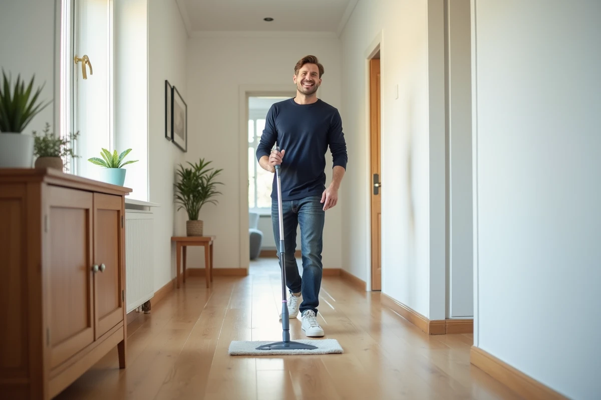 Homme en train de laver un parquet stratifié avec une serpillière microfibre dans un couloir résidentiel