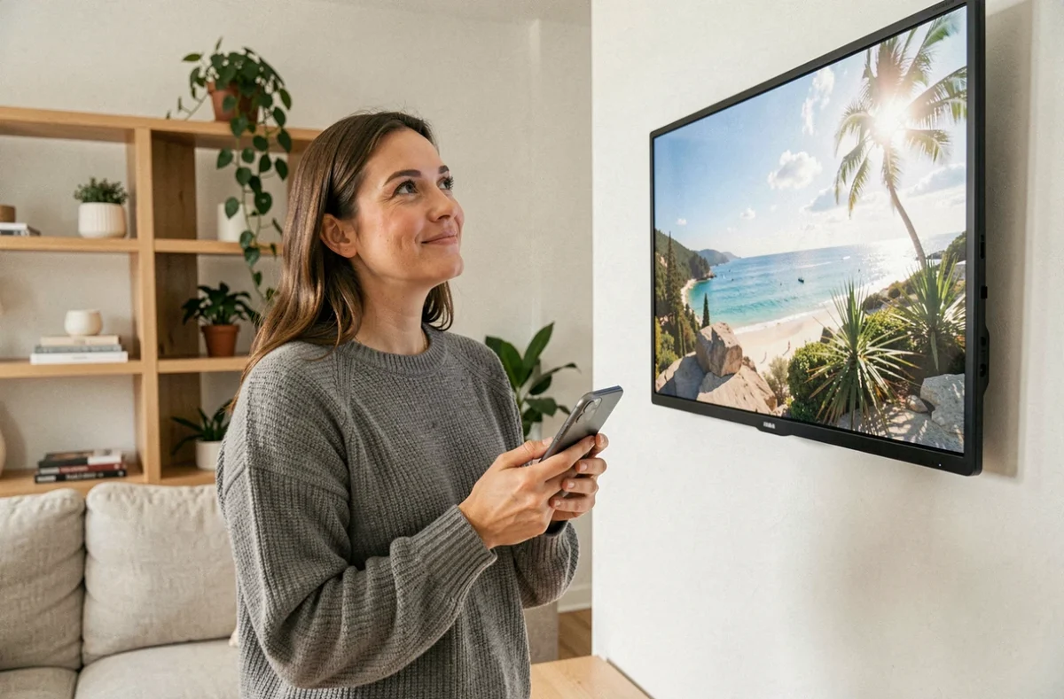 Femme tenant un smartphone face à un cadre photo numérique affichant ses photos dans un salon moderne