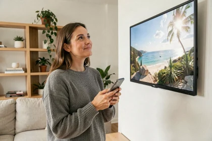 Femme tenant un smartphone face à un cadre photo numérique affichant ses photos dans un salon moderne