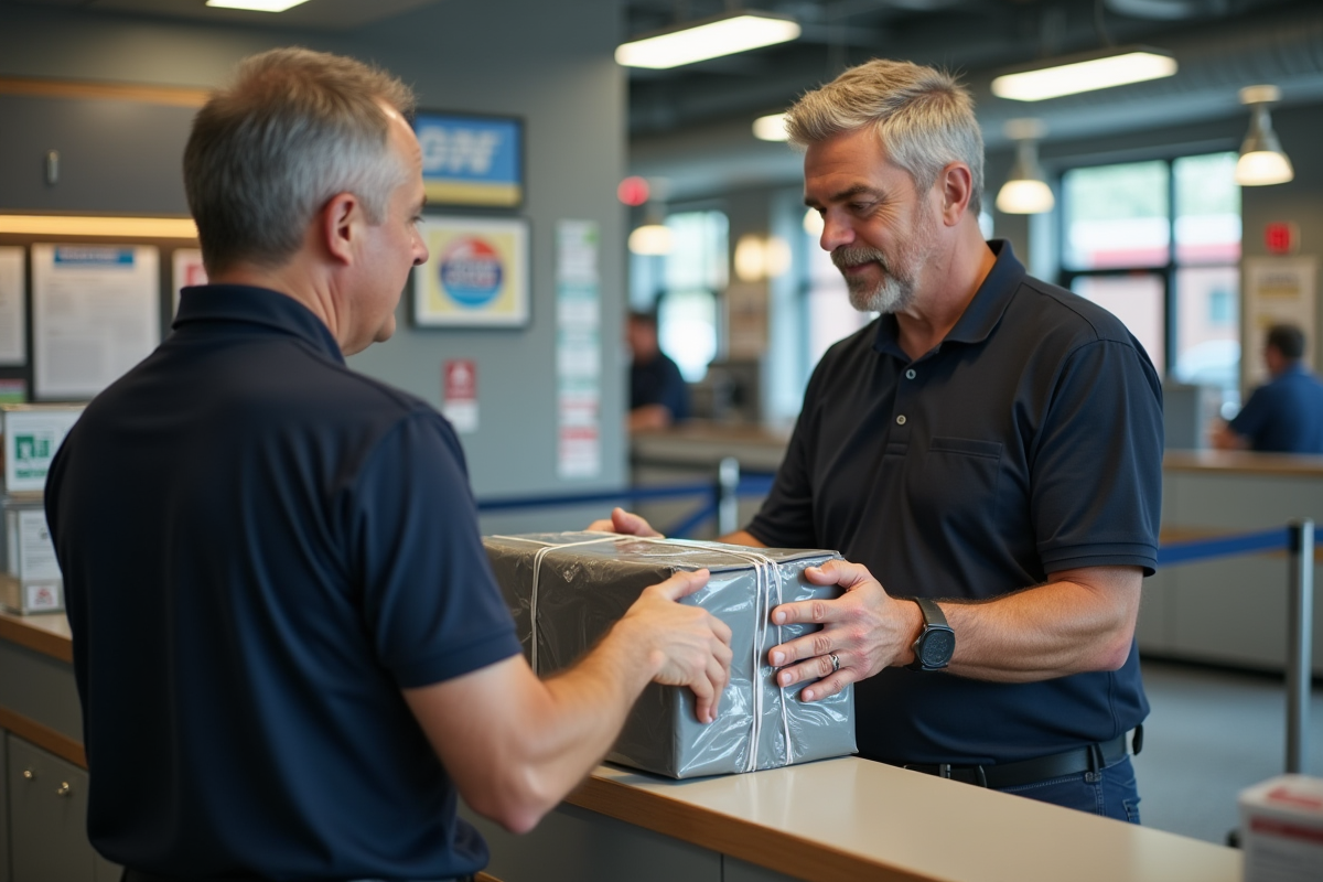 Homme déposant un colis à la poste