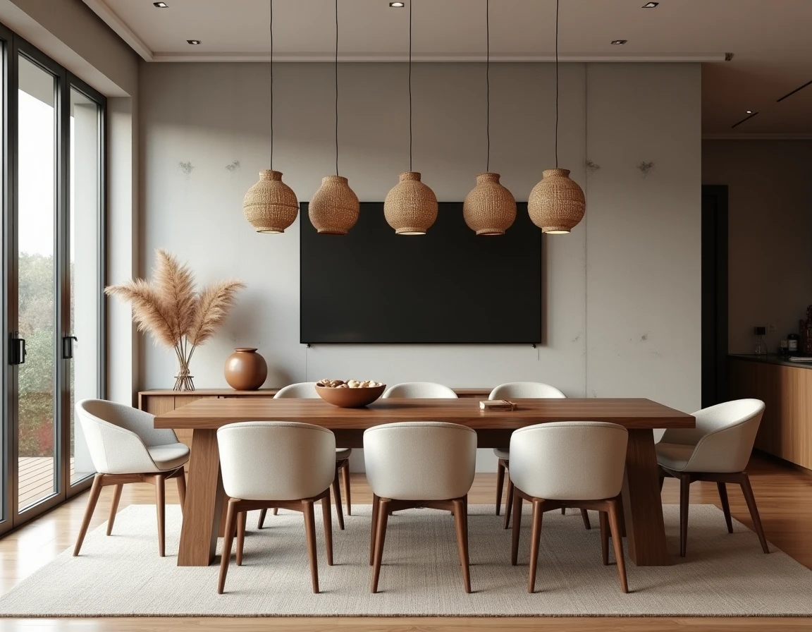 Espace de vie moderne ouvert avec mur en béton, table en noyer et écran affichant un moodboard d'application de décoration intérieure