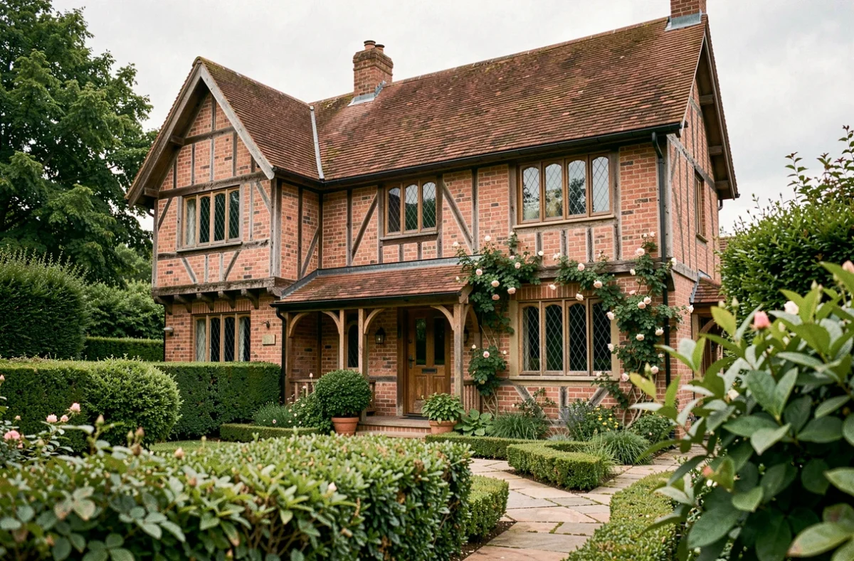 Façade extérieure d'un cottage de style Arts and Crafts victorien avec briques rouges artisanales, charpente en bois apparente et vitraux en plomb, entouré d'un jardin anglais traditionnel