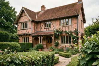 Façade extérieure d'un cottage de style Arts and Crafts victorien avec briques rouges artisanales, charpente en bois apparente et vitraux en plomb, entouré d'un jardin anglais traditionnel