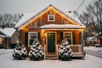 Façade de maison décorée de guirlandes lumineuses LED dorées pour Noël avec neige légère sur les rebords