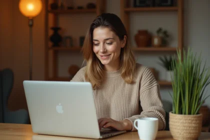 Femme consultant les avantages du CSE Maisons du Monde sur son ordinateur portable depuis son bureau à domicile