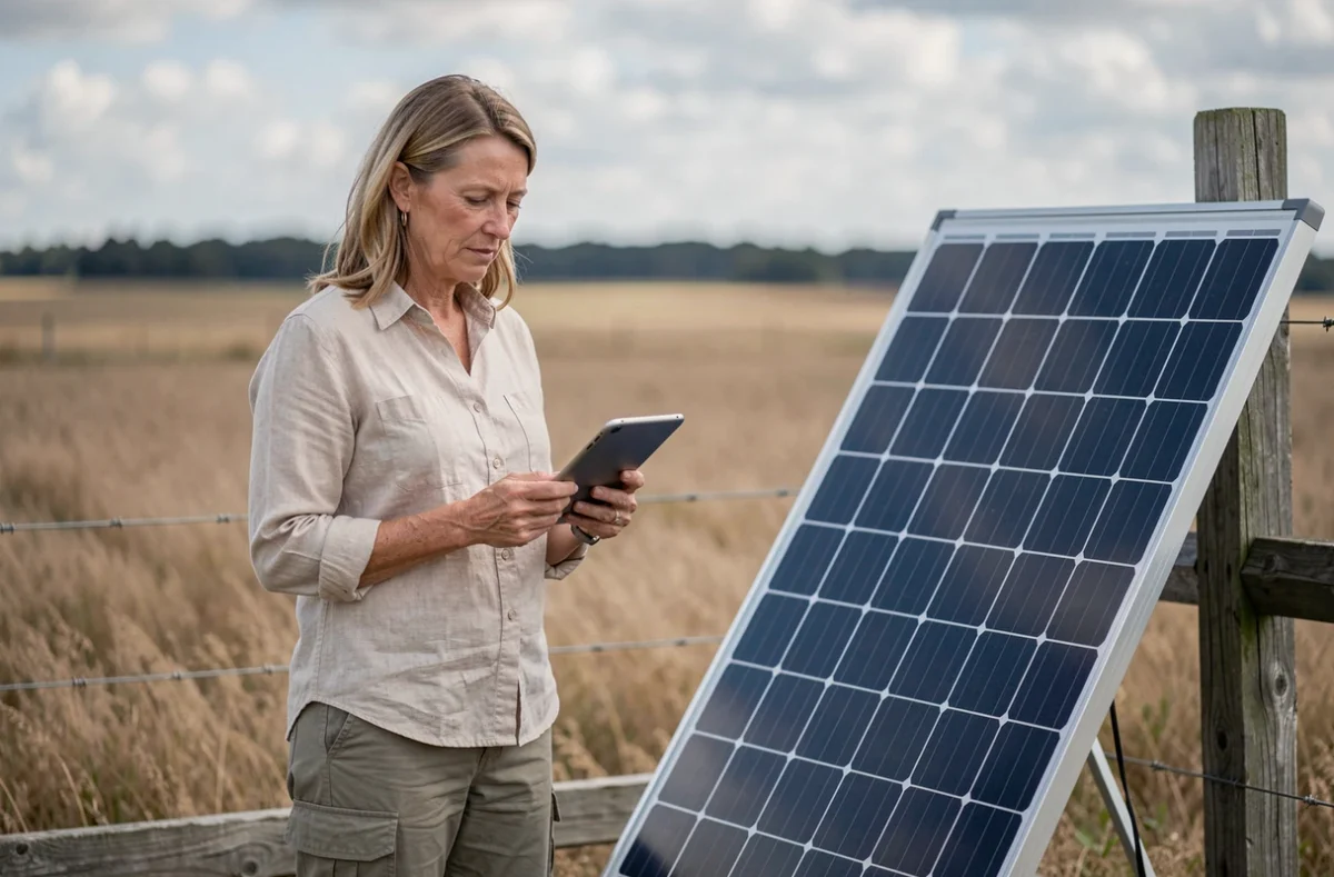 Femme analysant les données d'un panneau solaire portable dans une zone agricole isolée