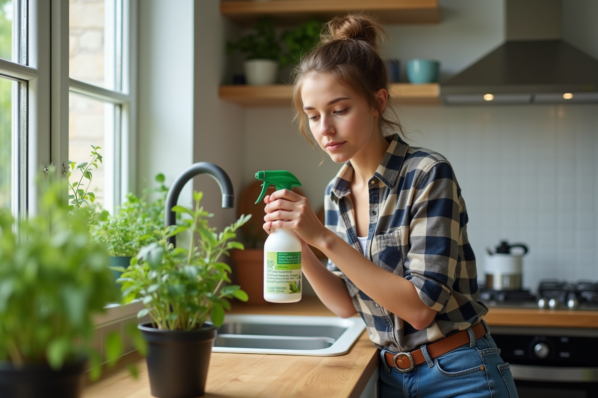 Femme appliquant un insecticide naturel sur des herbes en cuisine