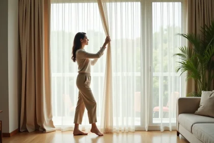Femme en beige arrangeant des rideaux longs dans un salon lumineux