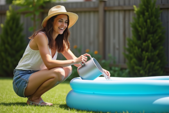 Femme souriante dans le jardin avec piscine gonflable