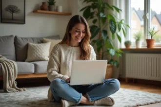 Femme assise sur le sol avec ordinateur dans un salon cosy