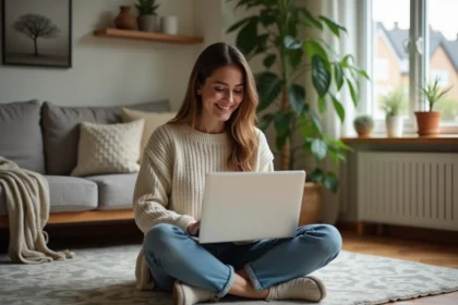 Femme assise sur le sol avec ordinateur dans un salon cosy
