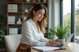 Femme dans un bureau moderne plantant un jade dans un pot