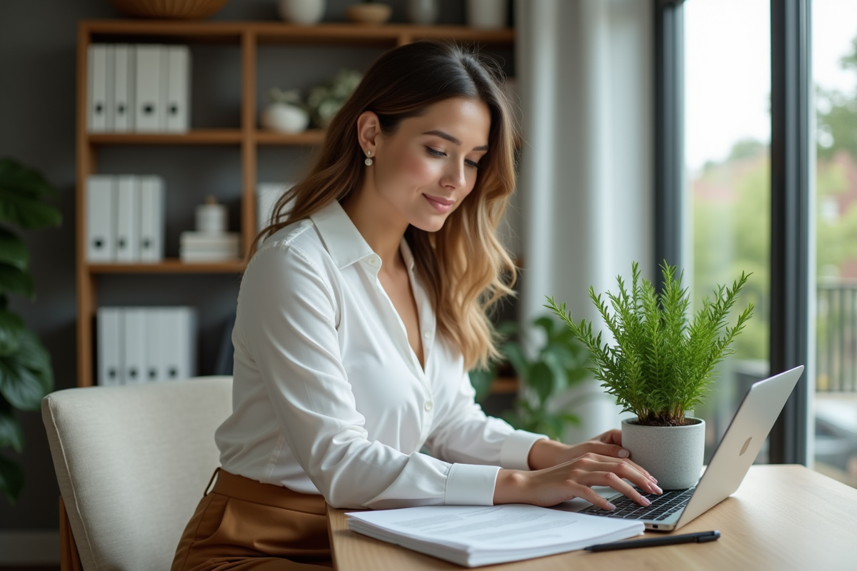 Femme dans un bureau moderne plantant un jade dans un pot