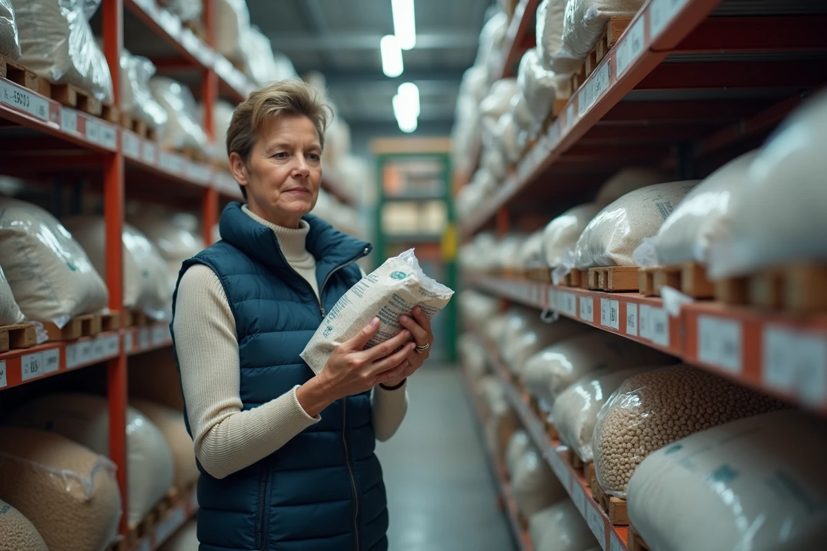 Femme comparant des alternatives aux granulés Leclerc en rupture de stock dans un rayon de grande surface bricolage