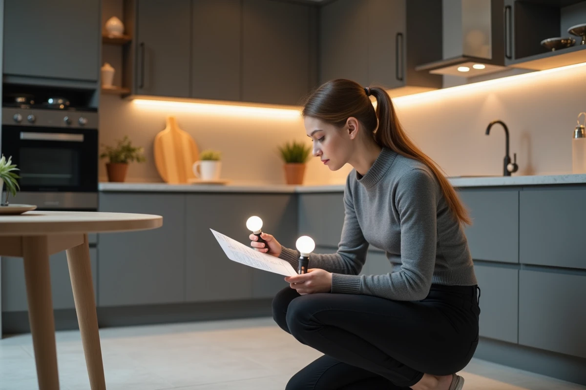 Jeune femme comparant deux spots encastrés dans la cuisine