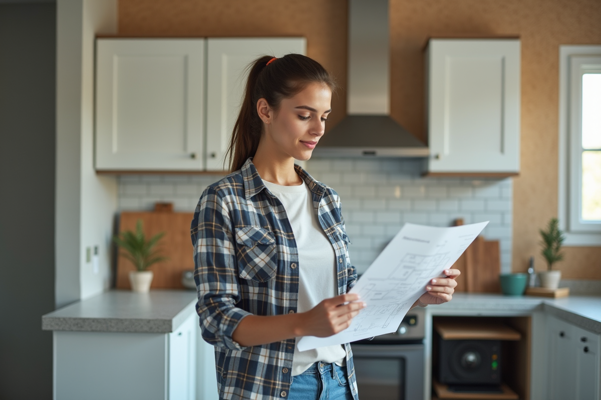 Jeune femme regardant un plan électrique dans sa cuisine en rénovation