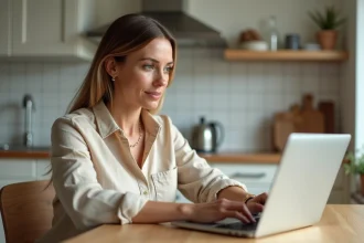 Femme consultant le site Noximaison.fr sur un ordinateur portable dans une cuisine moderne