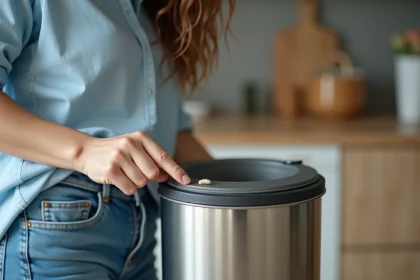 Femme surprise regardant un maggot dans la poubelle