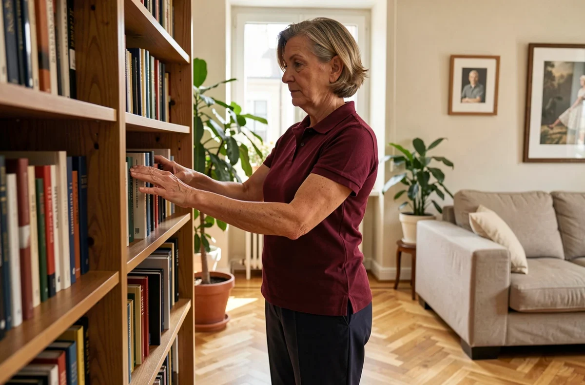 Femme de ménage expérimentée organisant des livres sur une étagère en bois dans un salon élégant et bien décoré