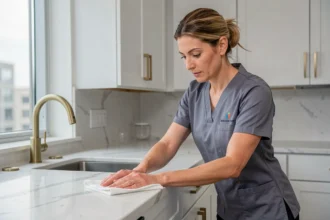 Femme de ménage professionnelle en uniforme gris ardoise polissant un plan de travail en marbre dans une cuisine moderne haut de gamme