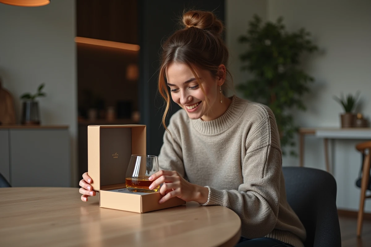 Jeune femme déballant un whisky gravé dans un appartement moderne