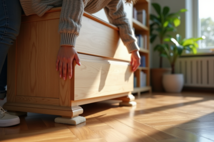 Femme déplaçant un grand meuble en bois dans un salon lumineux
