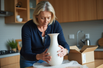 Femme emballant un vase en céramique avec du papier bulle