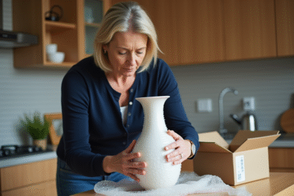 Femme emballant un vase en céramique avec du papier bulle