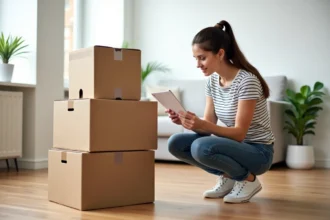Jeune femme lisant étiquettes de cartons pour déménagement