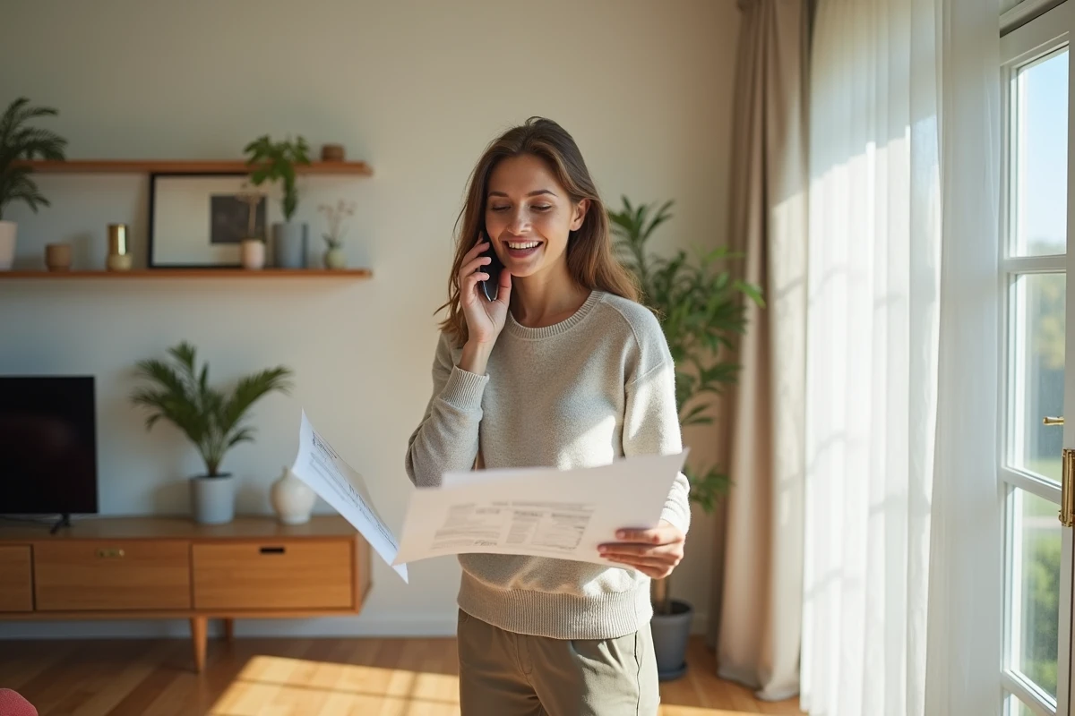 Jeune femme parle au téléphone avec devis de rénovation à la main