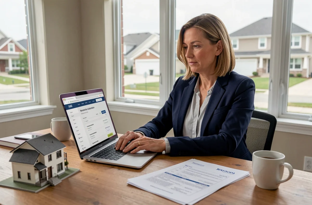 Femme consultant un site d'estimation de travaux de rénovation sur un ordinateur portable dans un bureau à domicile moderne