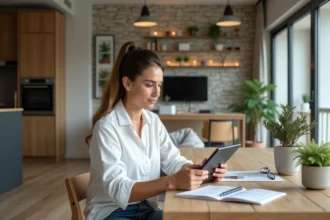 Jeune femme en blanc et jeans étudie sur tablette dans son appartement