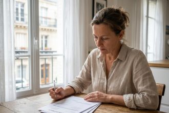 Femme qui examine attentivement un devis pour le remplacement de ses fenêtres, assise à une table en bois dans un appartement moderne