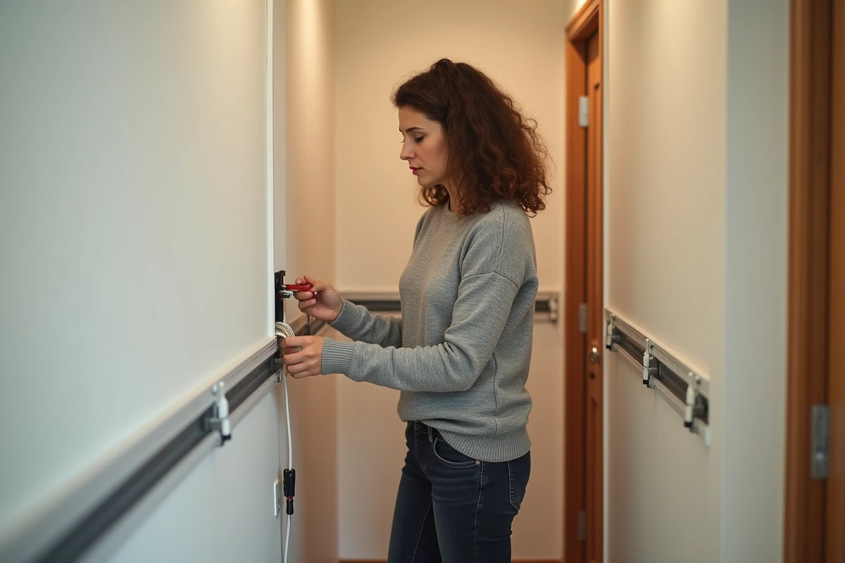 Femme installant un câble coaxial TV dans un couloir pour relier plusieurs téléviseurs à une seule source de signal