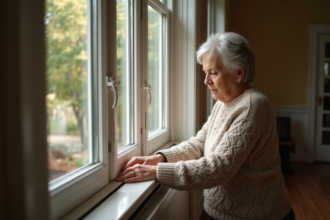 Femme posant du joint d'étanchéité sur une fenêtre ensoleillée
