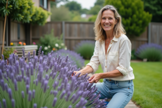 Femme d'âge moyen cultivant la lavande dans son jardin