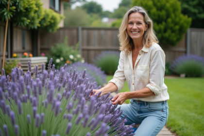 Femme d'âge moyen cultivant la lavande dans son jardin