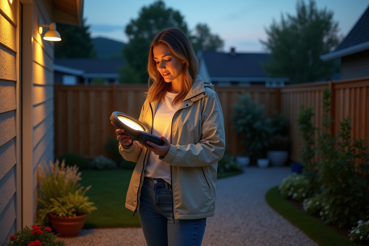 Jeune femme tenant un emballage de lampe LED à la tombée de la nuit