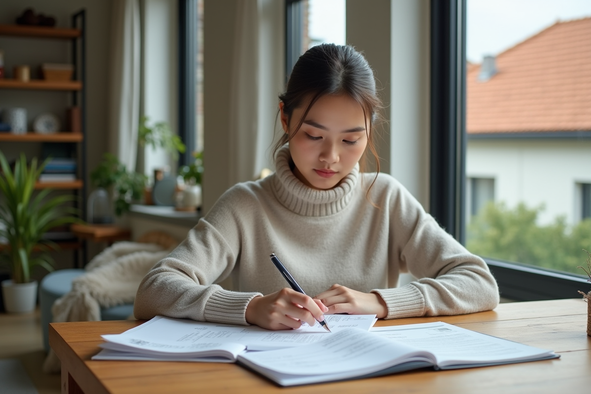 Jeune femme examinant des documents dans une maison moderne