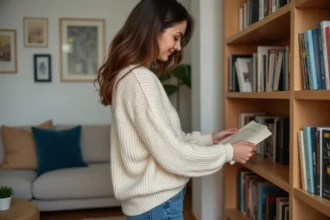 Femme arrangeant des livres dans un salon moderne