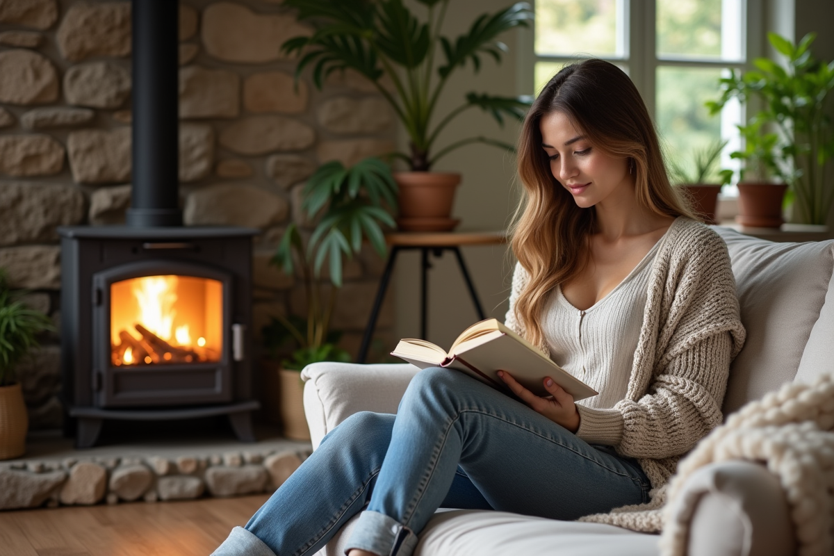 Jeune femme lisant près d’un poêle écologique dans un intérieur cosy