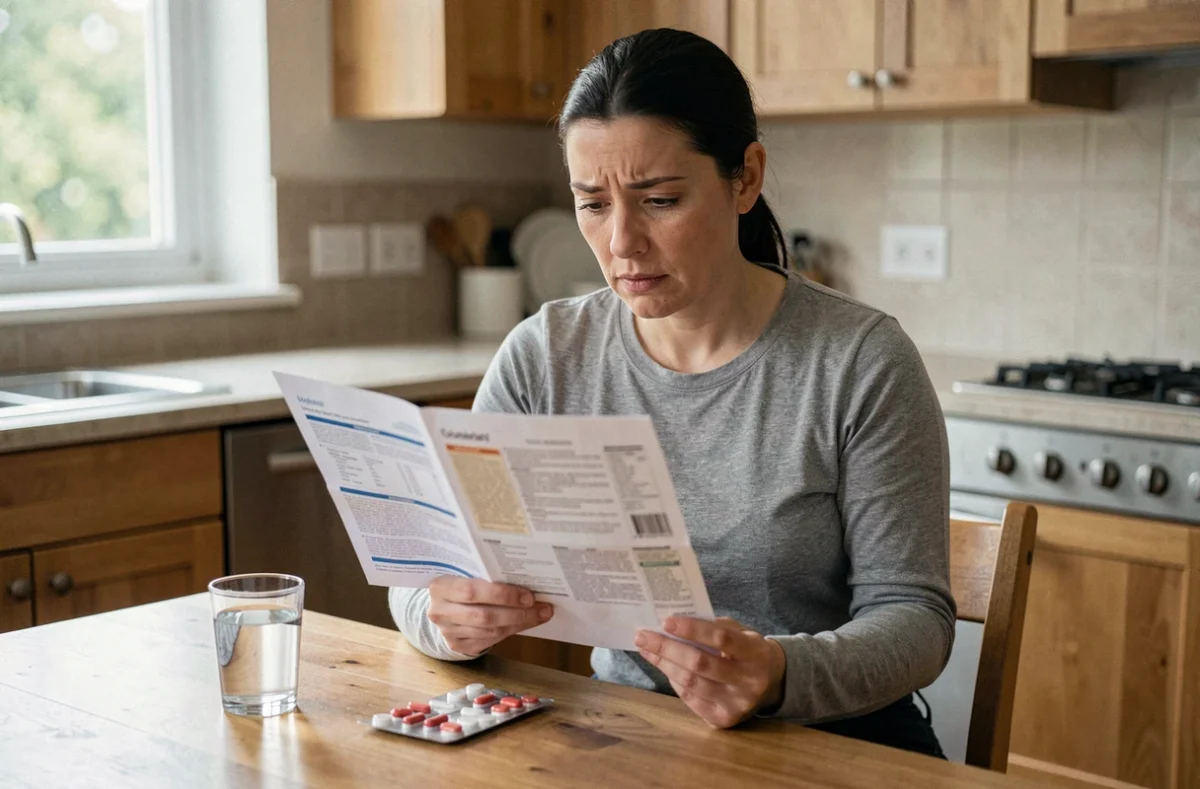 Femme lisant la notice d'un médicament à base d'entérocoque à la table de sa cuisine avec un verre d'eau