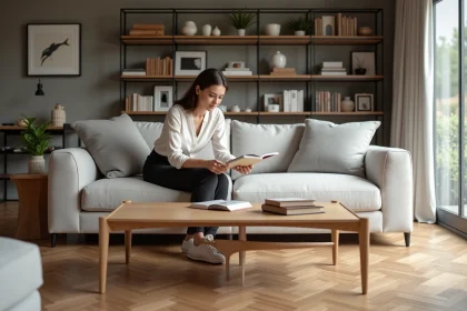 Jeune femme dans un salon scandinave moderne avec livre