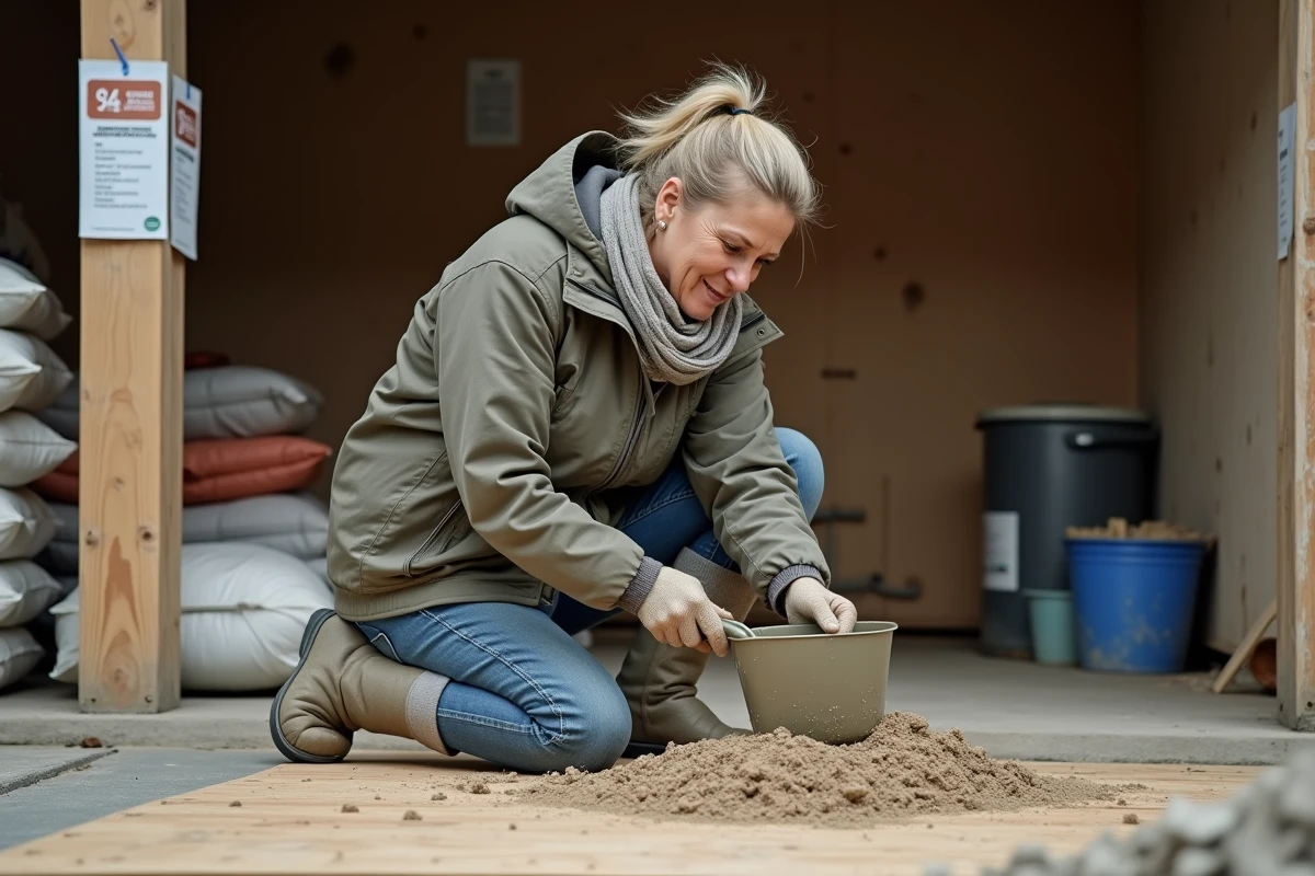 Femme mélangeant sable et ciment dans un garage