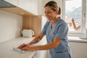 Femme de ménage professionnelle nettoyant un plan de travail dans un appartement moderne à Chambéry